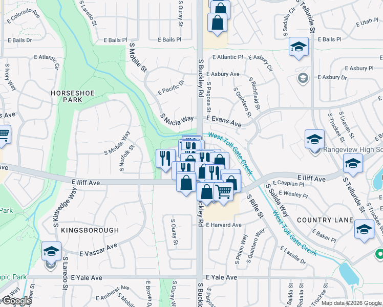 map of restaurants, bars, coffee shops, grocery stores, and more near 16883 East Iliff Avenue in Aurora