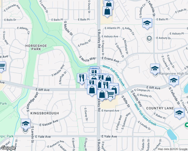 map of restaurants, bars, coffee shops, grocery stores, and more near 16883 East Iliff Avenue in Aurora