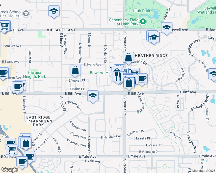 map of restaurants, bars, coffee shops, grocery stores, and more near 2280 South Oswego Way in Aurora