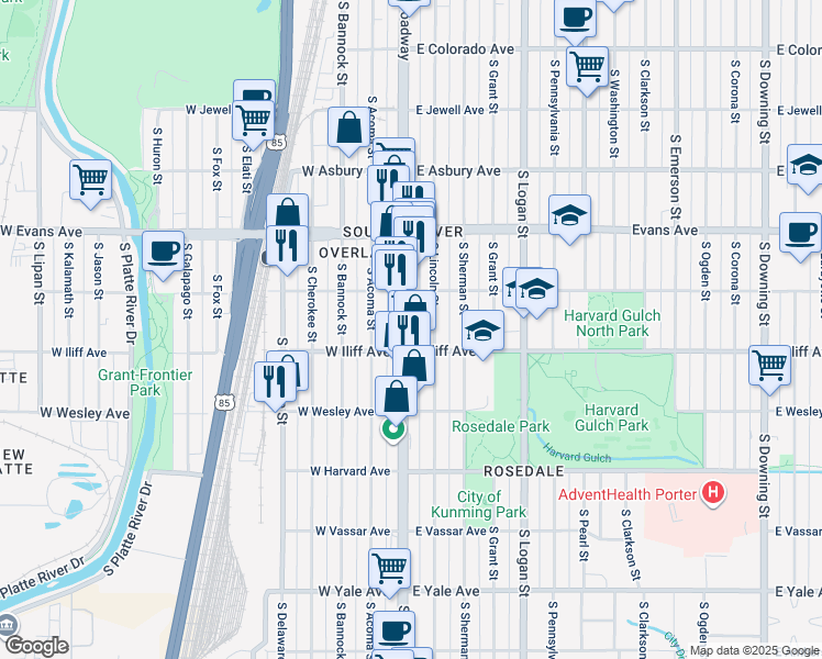 map of restaurants, bars, coffee shops, grocery stores, and more near 2285 South Broadway in Denver