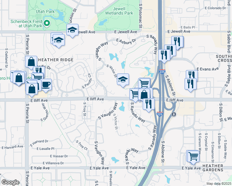 map of restaurants, bars, coffee shops, grocery stores, and more near 2270 South Vaughn Way in Aurora