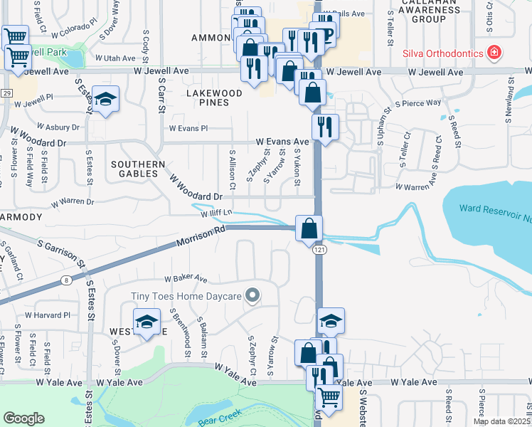 map of restaurants, bars, coffee shops, grocery stores, and more near 7770 West Woodard Circle in Lakewood