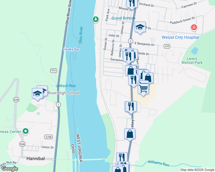 map of restaurants, bars, coffee shops, grocery stores, and more near 73 Nicholas Circle in New Martinsville