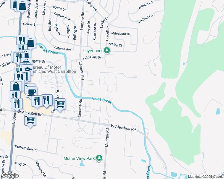 map of restaurants, bars, coffee shops, grocery stores, and more near 5134 Mallet Club Drive in Dayton