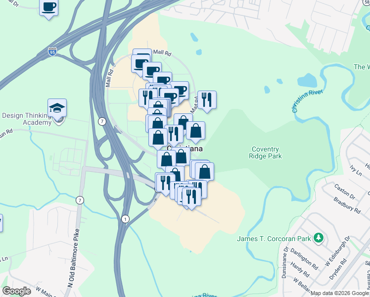 map of restaurants, bars, coffee shops, grocery stores, and more near in Christiana