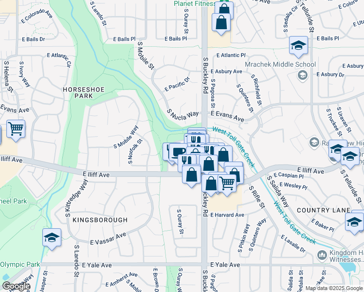 map of restaurants, bars, coffee shops, grocery stores, and more near 16861 East Iliff Avenue in Aurora