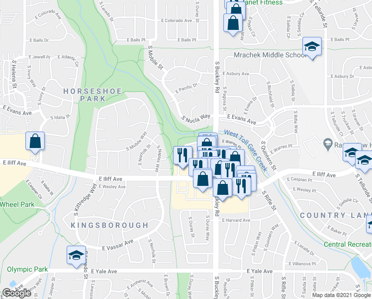 map of restaurants, bars, coffee shops, grocery stores, and more near 16861 East Iliff Avenue in Aurora