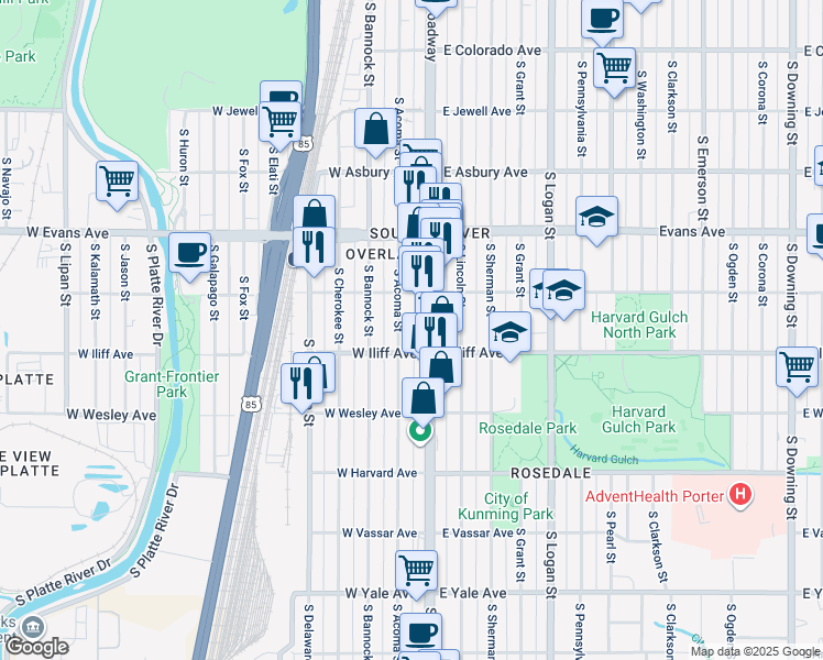 map of restaurants, bars, coffee shops, grocery stores, and more near 2285 South Broadway in Denver