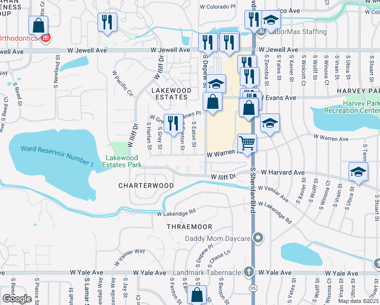 map of restaurants, bars, coffee shops, grocery stores, and more near 5720 West Warren Avenue in Denver