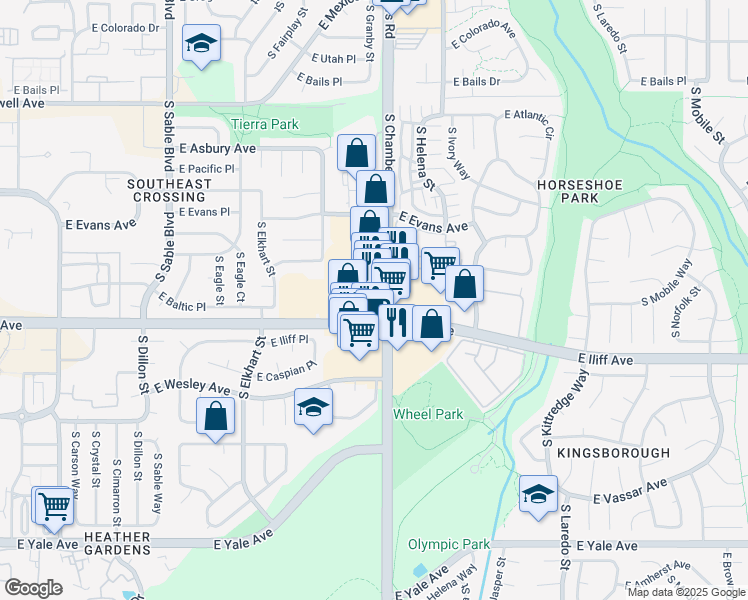 map of restaurants, bars, coffee shops, grocery stores, and more near 2295 South Chambers Road in Aurora