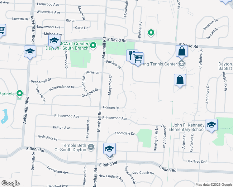 map of restaurants, bars, coffee shops, grocery stores, and more near 4912 Marybrook Drive in Dayton