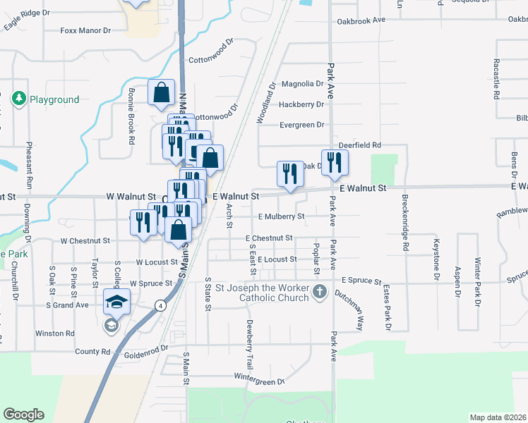 map of restaurants, bars, coffee shops, grocery stores, and more near 405 East Mulberry Street in Chatham