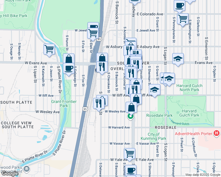 map of restaurants, bars, coffee shops, grocery stores, and more near 2256 South Cherokee Street in Denver