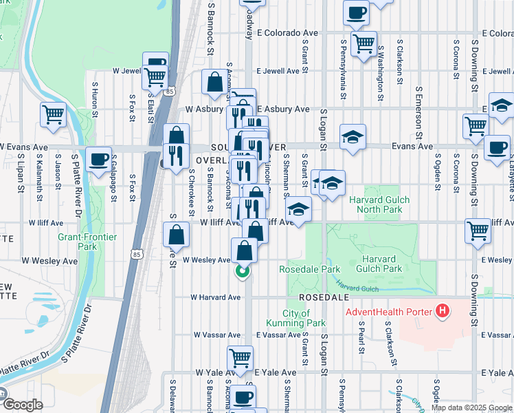 map of restaurants, bars, coffee shops, grocery stores, and more near 2295 South Lincoln Street in Denver