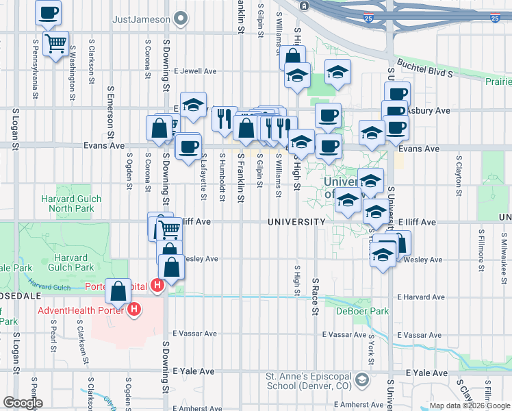 map of restaurants, bars, coffee shops, grocery stores, and more near in Denver