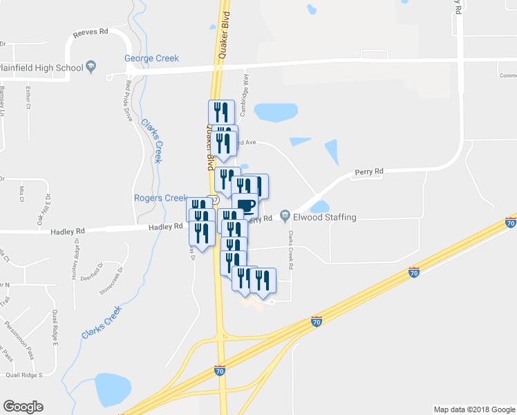 map of restaurants, bars, coffee shops, grocery stores, and more near 2224 Hadley Road in Plainfield