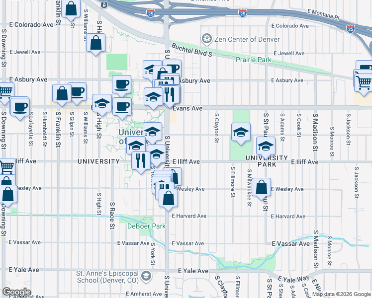 map of restaurants, bars, coffee shops, grocery stores, and more near 2397 East Iliff Avenue in Denver