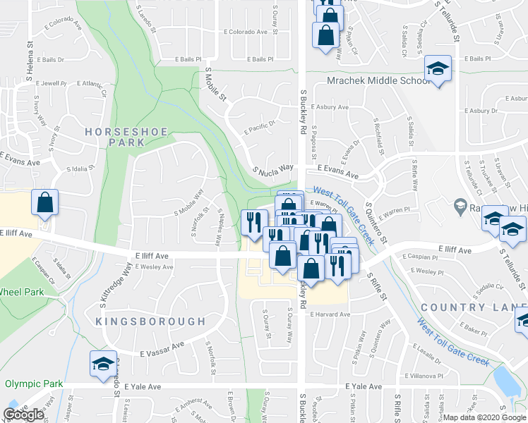 map of restaurants, bars, coffee shops, grocery stores, and more near 16861 East Iliff Avenue in Aurora