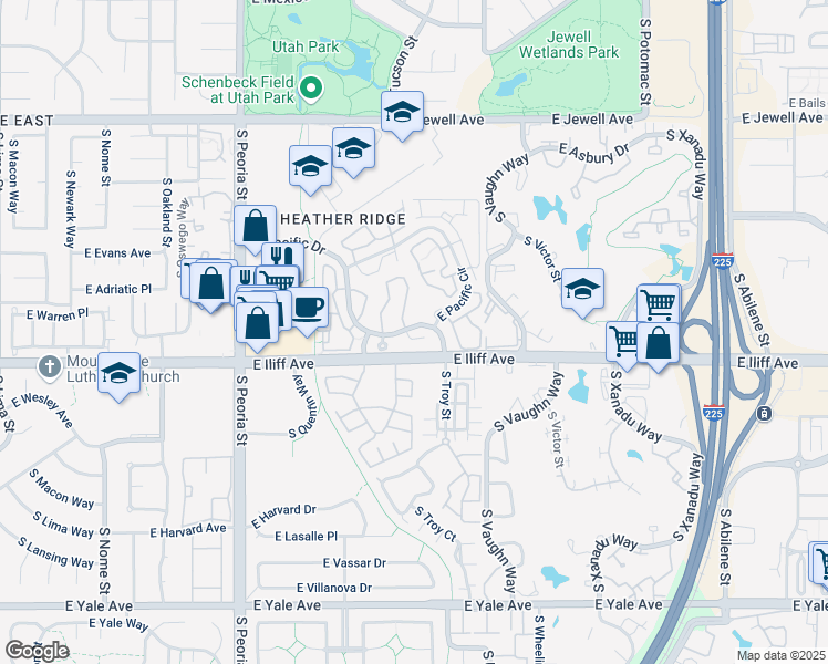 map of restaurants, bars, coffee shops, grocery stores, and more near I-225 East Iliff Avenue in Aurora