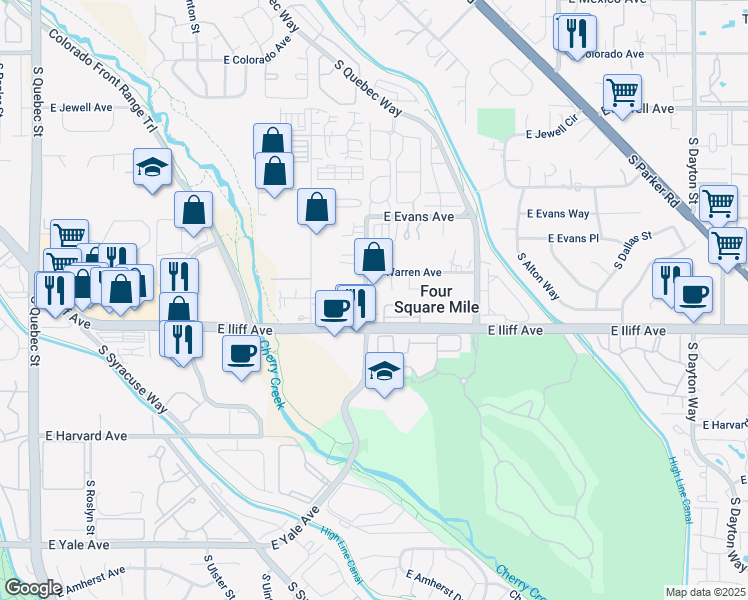 map of restaurants, bars, coffee shops, grocery stores, and more near 8501 East Iliff Avenue in Denver