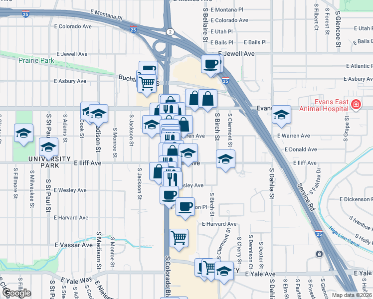 map of restaurants, bars, coffee shops, grocery stores, and more near 4205 East Iliff Avenue in Denver