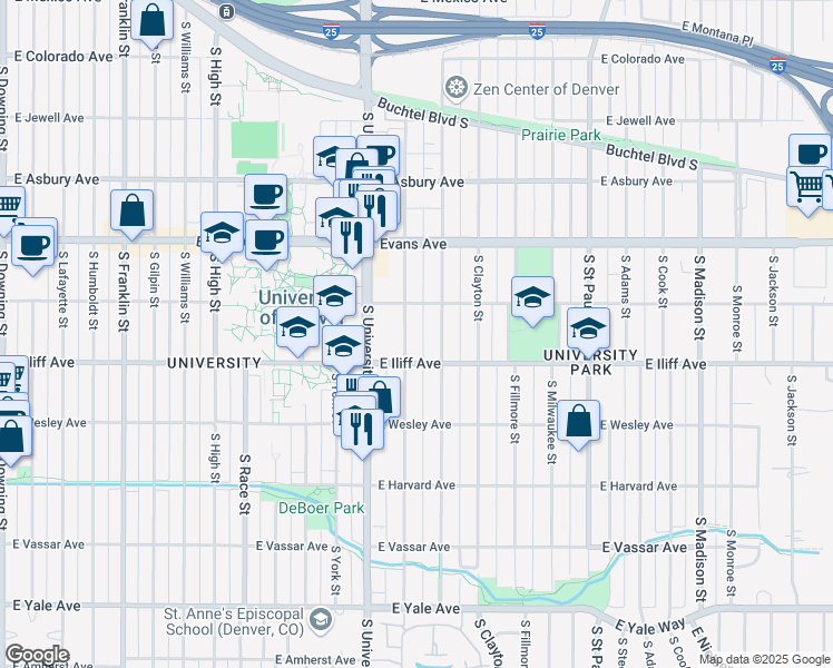 map of restaurants, bars, coffee shops, grocery stores, and more near 2397 East Iliff Avenue in Denver
