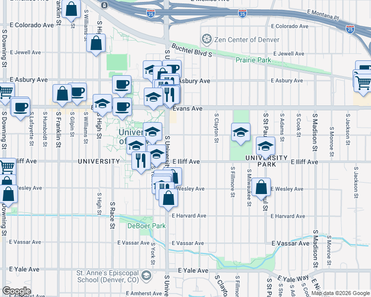 map of restaurants, bars, coffee shops, grocery stores, and more near 2250 South Josephine Street in Denver