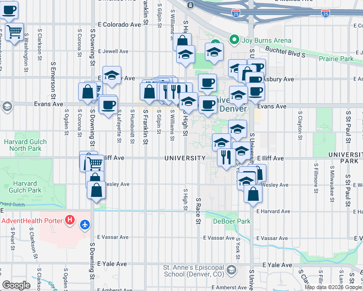 map of restaurants, bars, coffee shops, grocery stores, and more near in Denver