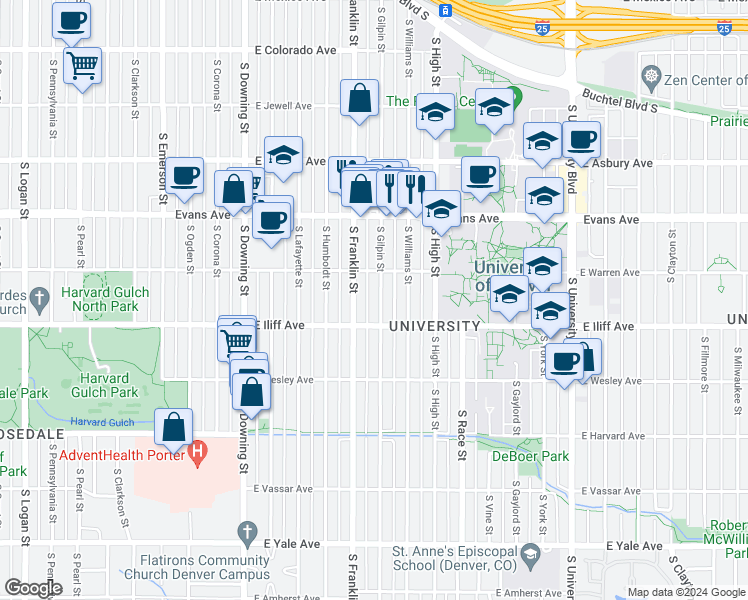map of restaurants, bars, coffee shops, grocery stores, and more near in Denver