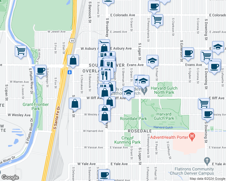 map of restaurants, bars, coffee shops, grocery stores, and more near 2295 South Lincoln Street in Denver