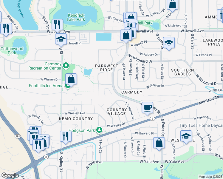map of restaurants, bars, coffee shops, grocery stores, and more near 9249 West Baltic Drive in Lakewood