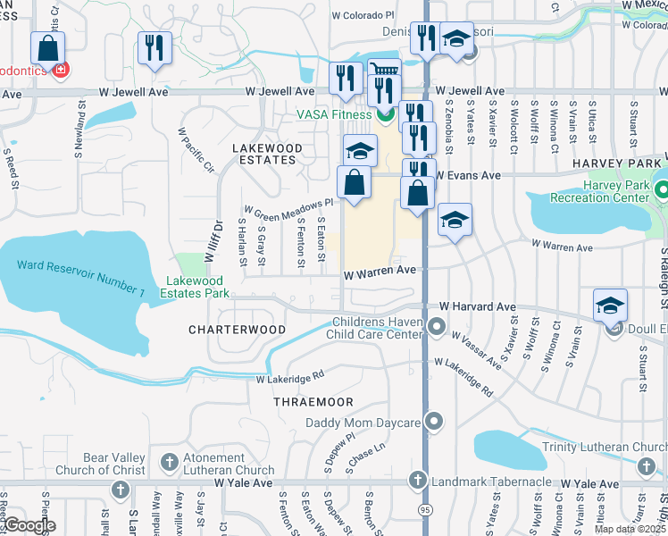 map of restaurants, bars, coffee shops, grocery stores, and more near 5605 West Warren Avenue in Denver
