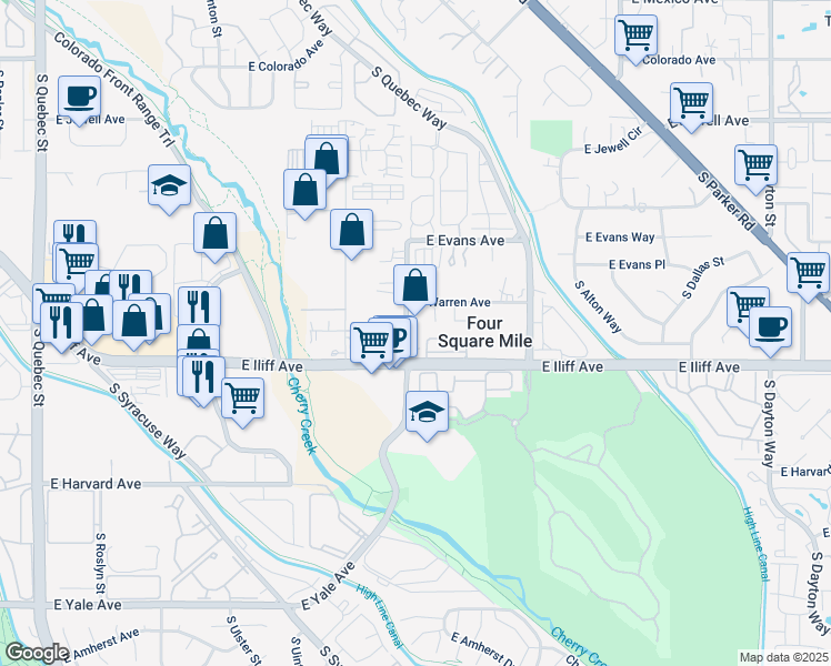 map of restaurants, bars, coffee shops, grocery stores, and more near 8501 East Iliff Avenue in Denver