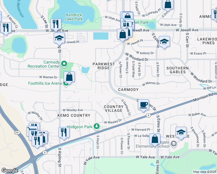 map of restaurants, bars, coffee shops, grocery stores, and more near 9249 West Baltic Drive in Lakewood