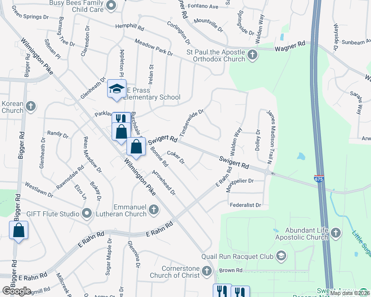 map of restaurants, bars, coffee shops, grocery stores, and more near 3131 Marigold Court in Dayton