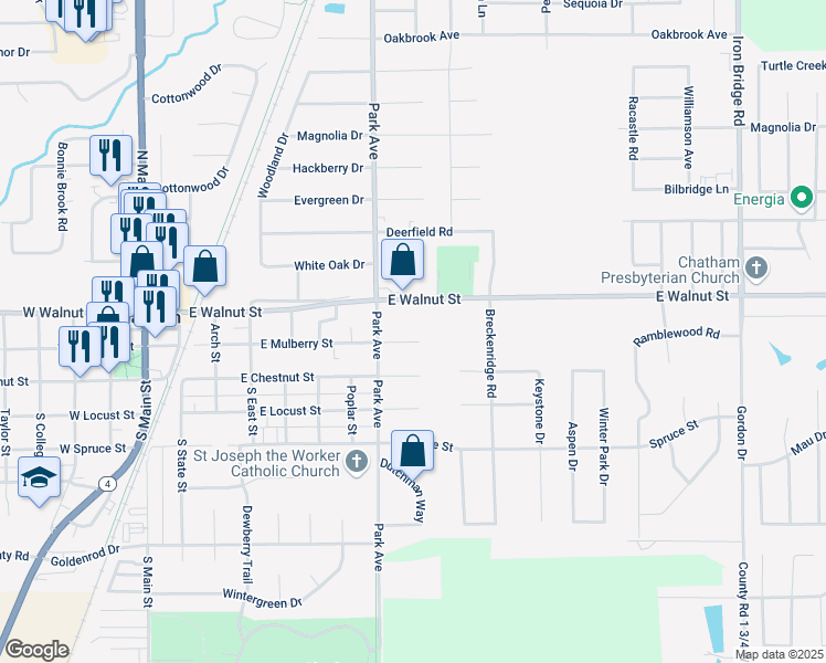 map of restaurants, bars, coffee shops, grocery stores, and more near 810 East Mulberry Street in Chatham