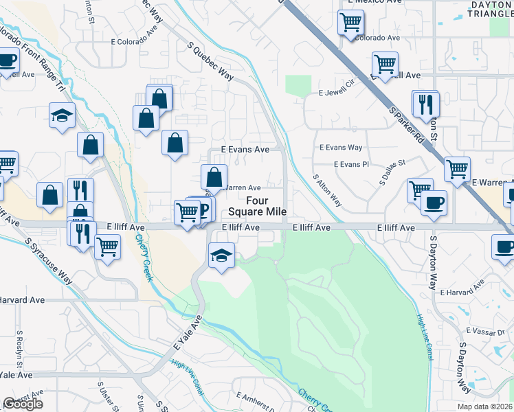 map of restaurants, bars, coffee shops, grocery stores, and more near in Four Square Mile