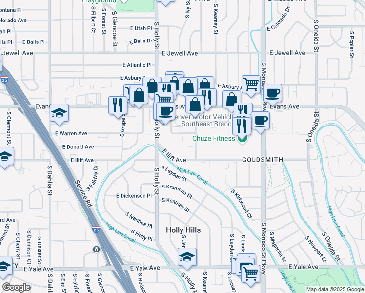 map of restaurants, bars, coffee shops, grocery stores, and more near 5875 East Iliff Avenue in Denver