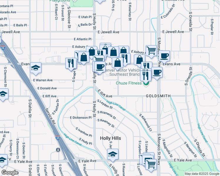 map of restaurants, bars, coffee shops, grocery stores, and more near 5995 East Iliff Avenue in Denver