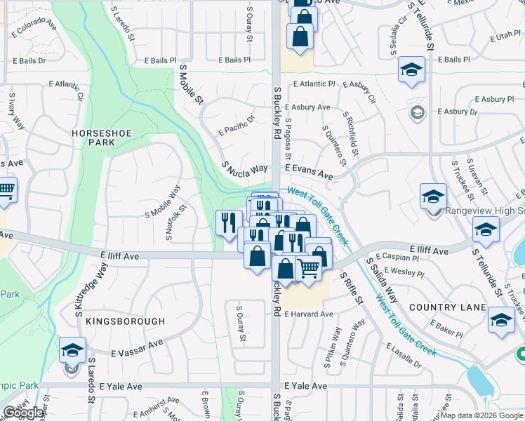 map of restaurants, bars, coffee shops, grocery stores, and more near 2201 South Buckley Road in Aurora