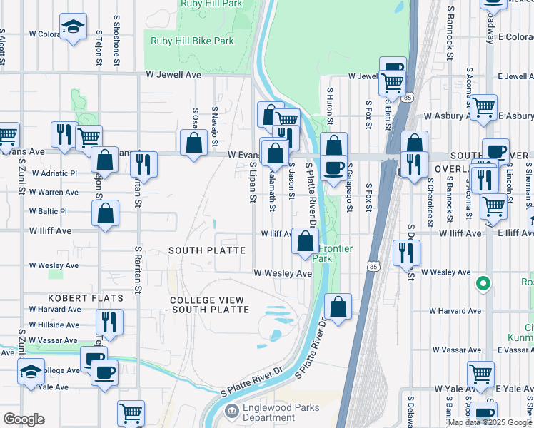 map of restaurants, bars, coffee shops, grocery stores, and more near 2200 South Lipan Street in Denver