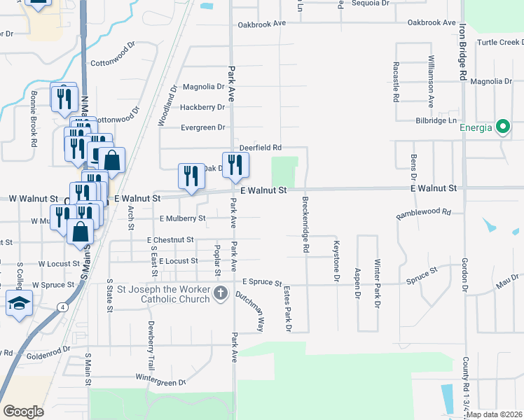 map of restaurants, bars, coffee shops, grocery stores, and more near 800 East Walnut Street in Chatham