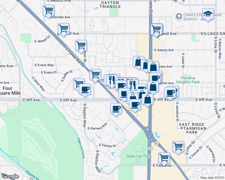 map of restaurants, bars, coffee shops, grocery stores, and more near 2260 South Parker Road in Aurora
