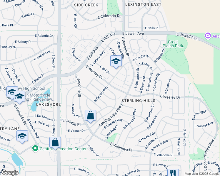 map of restaurants, bars, coffee shops, grocery stores, and more near 19209 East Caspian Place in Aurora