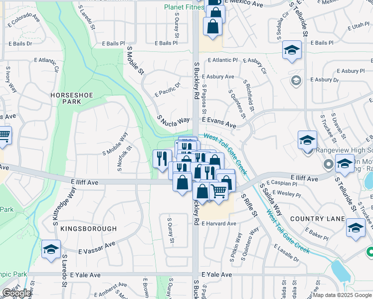 map of restaurants, bars, coffee shops, grocery stores, and more near 2201 South Buckley Road in Aurora