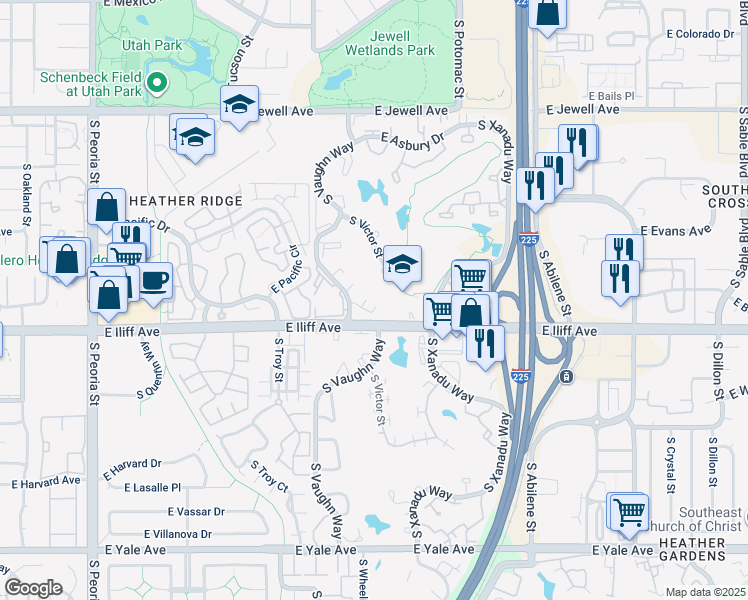 map of restaurants, bars, coffee shops, grocery stores, and more near 2191 South Victor Street in Aurora