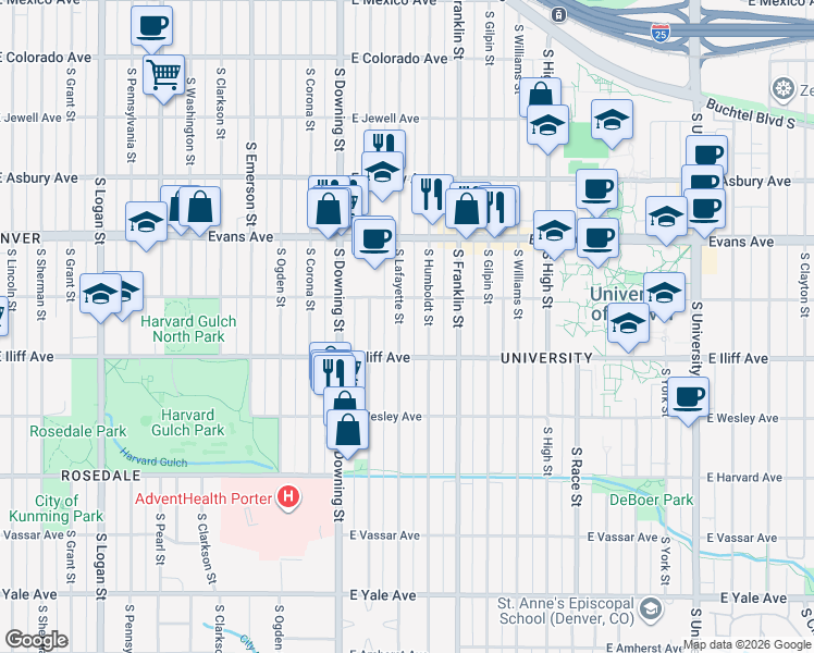 map of restaurants, bars, coffee shops, grocery stores, and more near 2201 South Lafayette Street in Denver