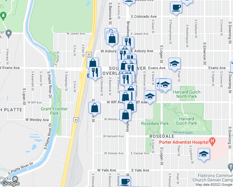 map of restaurants, bars, coffee shops, grocery stores, and more near 2200 South Bannock Street in Denver