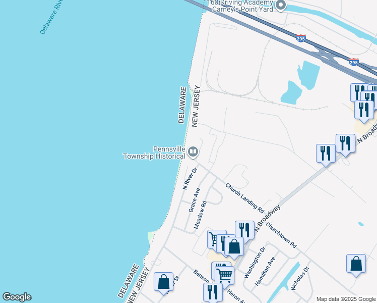 map of restaurants, bars, coffee shops, grocery stores, and more near 88 Church Landing Road in Pennsville Township