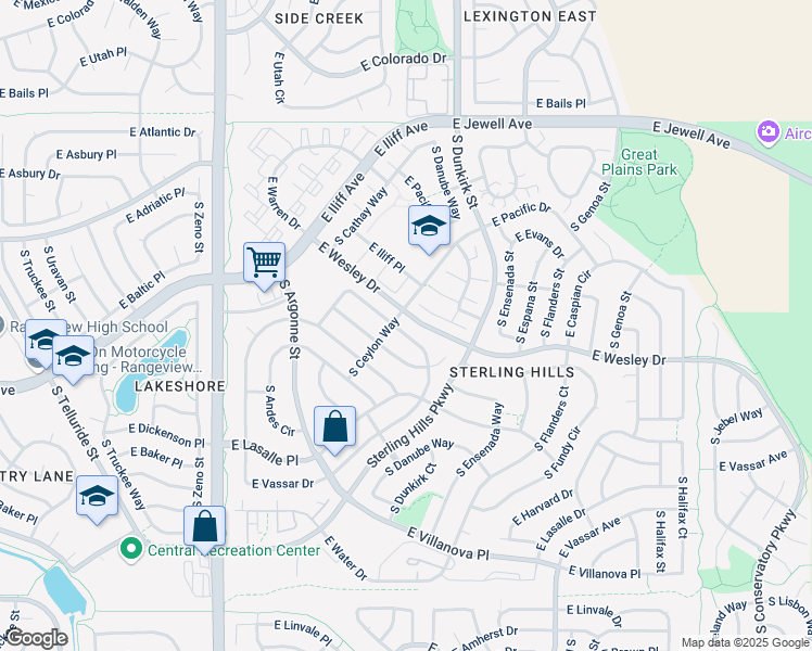 map of restaurants, bars, coffee shops, grocery stores, and more near 19209 East Caspian Place in Aurora